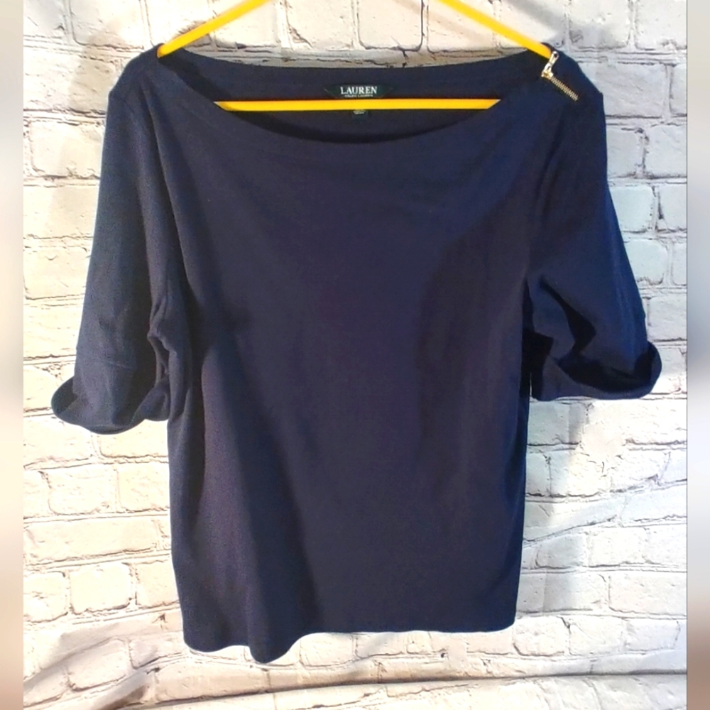 Lauren Ralph Lauren XL Blue Tunic Blouse Boat Neck Zip Shoulder Top